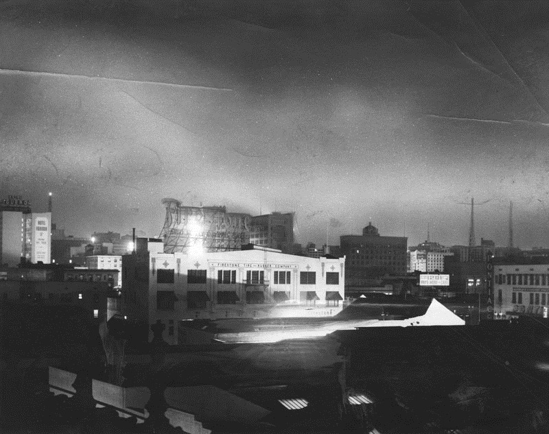 On May 7, 1952, the Herald-Examiner reported that "today's atomic explosion at the Yucca Flat test range in Nevada was clearly visible to early risers at 5:15 a.m. in Los Angeles. The photo taken from the roof of the Herald-Express building shows the explosion illuminating the northeast horizon."



