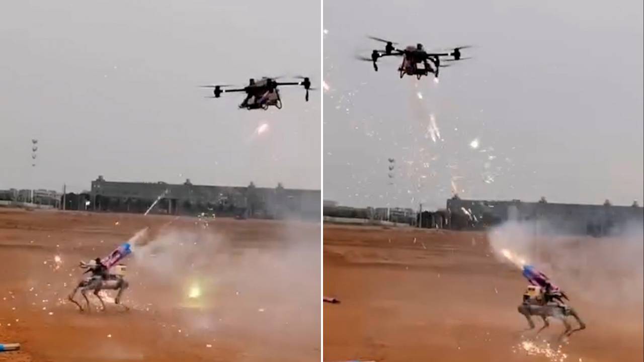 Mira a un perro robot y un dron enfrentarse en una batalla ¿Las guerras del futuro?